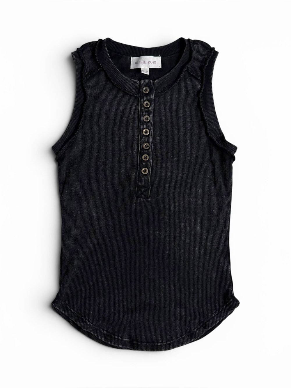 Y2K Grunge Hippie Rose Acid Wash Dark Grey Ribbed Henley Button Down Tank Top